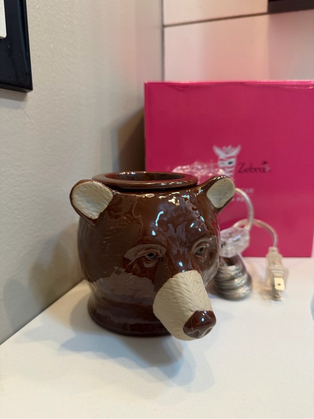 Pink Zebra Brown and Cream Bear Ceramic Planter